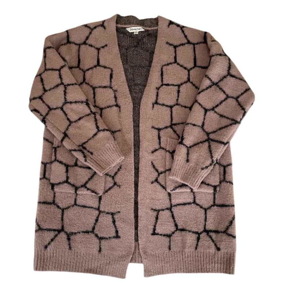 Davi & Dani Giraffe Print Cardigan Open Front Long Sleeve Pockets Taupe Black M